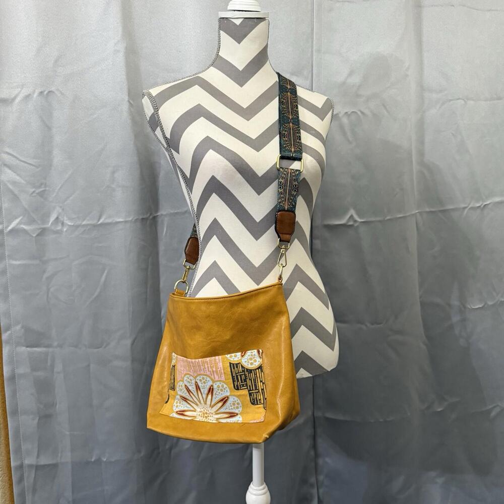 Boho Mustard Yellow Crossbody Bag – Floral Pocket, Faux Leather, Handmade
